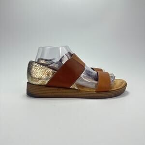 Eürosoft Nena Brown Leather Metallic Gold Open Toe Slip On Sandals Women Size 8M